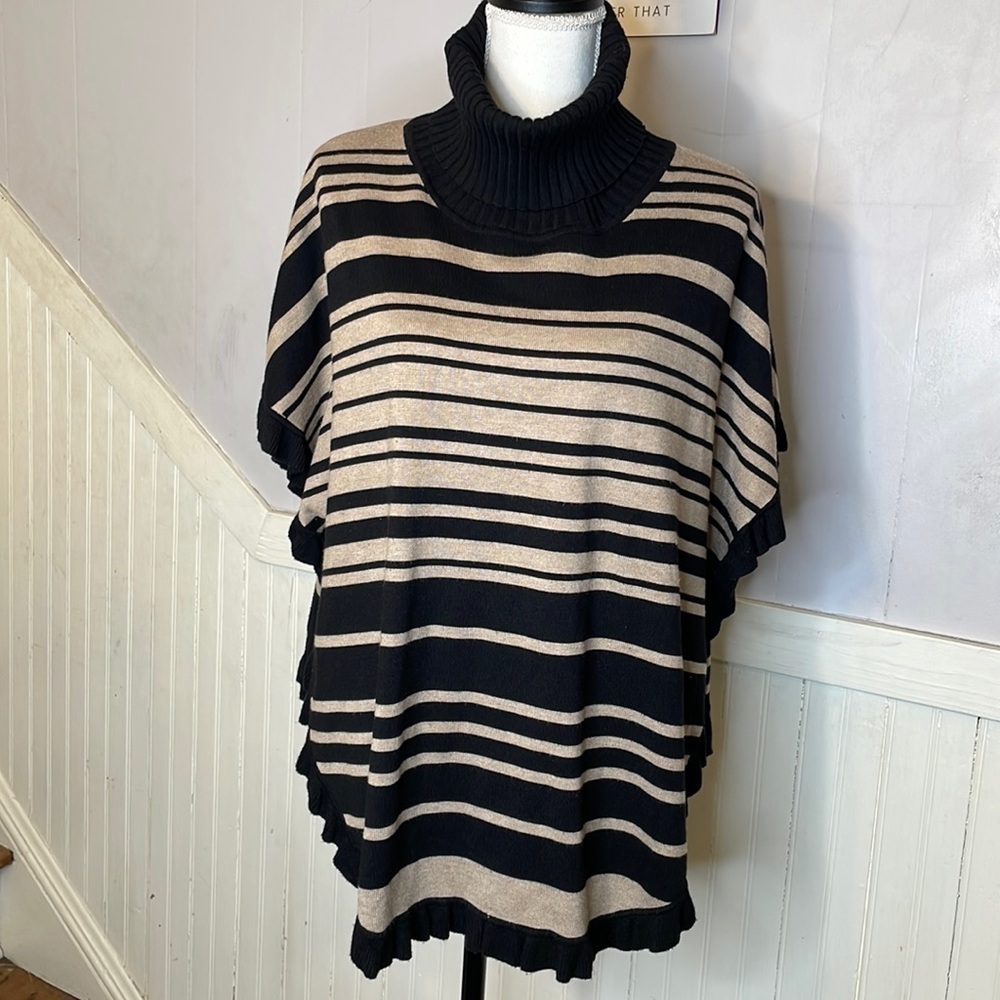 Pullover Poncho cape Turtleneck Sweater Ruffle Hem Black Beige Joseph A Striped